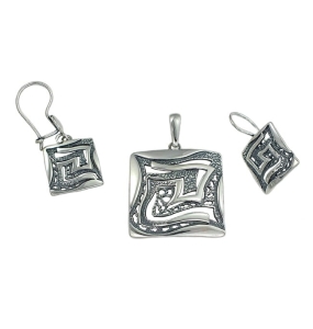 Piękny Srebrny  Oksydowany Komplet Fantazyjny Wzór !!! Jakość !!!