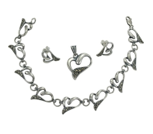 Srebrny Oksydowany Komplet Serca z Markazytami Jakość !