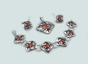 Piękny Srebrny Komplet z Koralem -Jakość i Efekt !!!