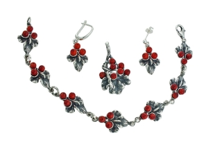 Srebrny Oksydowany Komplet z Koralem Czerwona Jarzębina !!!