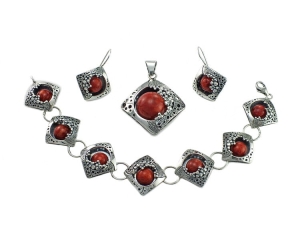 Srebrny Oksydowany Komplet z Koralem Koralowcem - Efektowny !