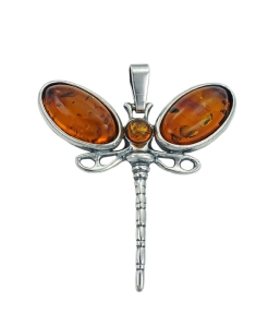 Piękny Srebrny Wisiorek Ważka z Bursztynami !