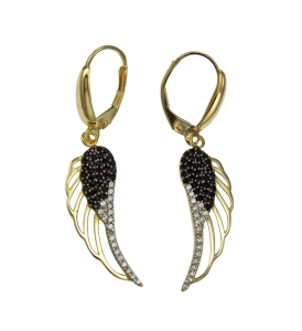 Piękne Złote Kolczyki Skrzydła z Czarnymi Cyrkoniami próba-585