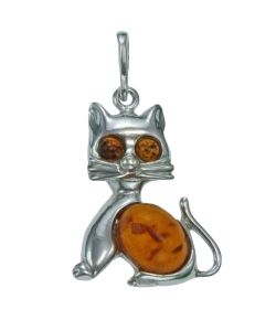 Srebrny Wisiorek Kotek z Bursztynami !