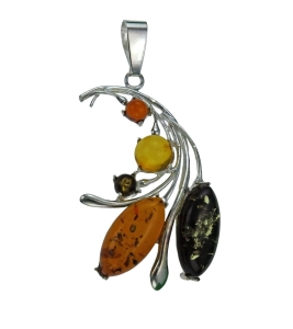 Srebrny Wisiorek z Bursztynami w Pięknej Srebrnej Oprawie - UNIKAT