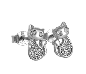 Piękne Srebrne Kolczyki Rodowane Kotki z Cyrkoniami !