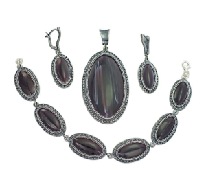 Piękny Srebrny Oksydowany Komplet z Kwarcem - Jakość Wykonania ! 