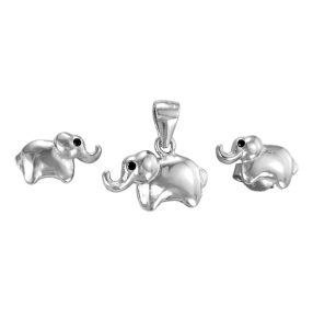 Piękny Srebrny Rodowany Komplet Słoniki, Słonie na Szczęście !!! 