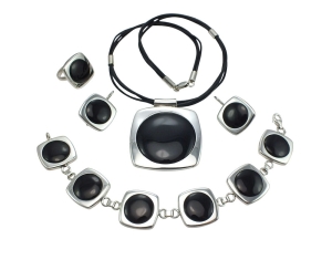 Piękny Srebrny Komplet  Z Onyksem - Ręczna Robota !