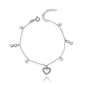 Srebrna Delikatna Rodowana Bransoletka Serce Cyrkonie i Nieskończoności