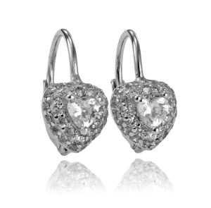 Srebrne Rodowane Kolczyki Serca z Cyrkoniami na Zatrzasku !