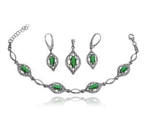Srebrny Oksydowany Ażurowy Komplet z Zieloną Cyrkonią