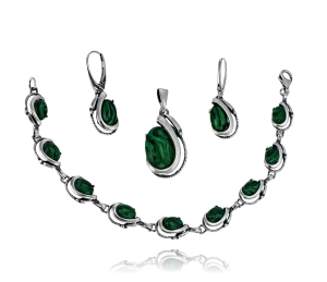 Srebrny Efektowny Oksydowany Komplet z Malachitami - Polecam