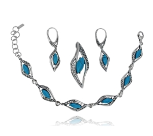 Srebrny Efektowny Oksydowany Komplet z Turkusami - Polecam