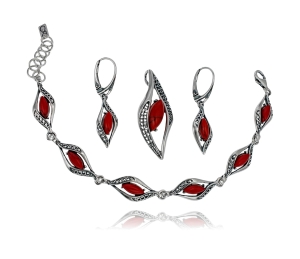 Srebrny Efektowny Oksydowany Komplet z Jaspisem Koralowym !