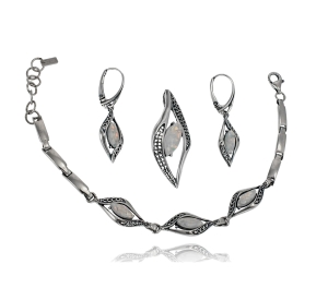 Srebrny Efektowny Oksydowany Komplet z Kamieniem Księżycowym