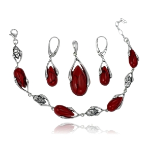 Srebrny Efektowny Oksydowany Komplet z Jaspisem Koralowym