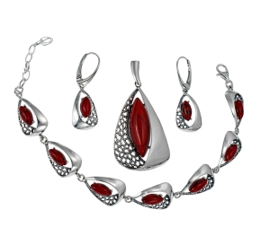 Srebrny Efektowny Oksydowany Komplet z Jaspisem Koralowym