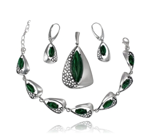 Srebrny Efektowny Oksydowany Komplet z Malachitem