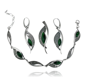 Srebrny Efektowny Oksydowany Komplet z Malachitem