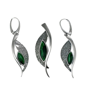 Srebrny Efektowny Oksydowany Komplet z Malachitem