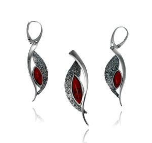 Srebrny Efektowny Oksydowany Komplet z Jaspisem Koralowym