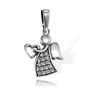 Srebrny Oksydowany Śliczny Aniołek z Cyrkoniami i Serduszkiem