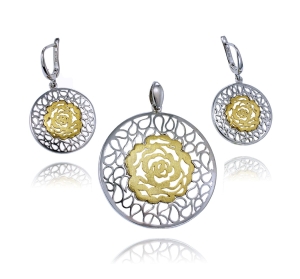 Srebrny Rodowany i Pozłacany Ażurowy Komplet Róża