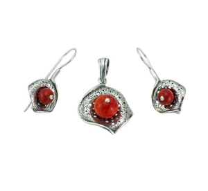 Piękny Srebrny Komplet z Koralem Zobacz Koniecznie !!! K-1