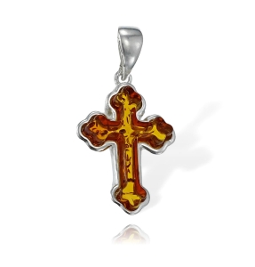 Srebrny Krzyż Krzyżyk z Bursztynem Próba 925