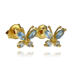 Złote Kolczyki Motylki z Cyrkoniami Lekko Błękitne