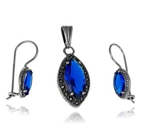  Srebrny Oksydowany Komplet z Szafirowymi Cyrkoniami