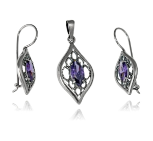 Srebrny Oksydowany Ażurowy Komplet z Fioletową Cyrkonią