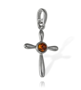 Srebrny Delikatny Krzyż Krzyżyk z Bursztynem