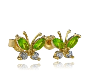 Złote Kolczyki Motylki z Zielonymi Cyrkoniami 