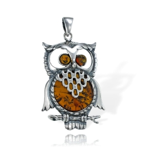 Srebrny Oksydowany Wisiorek Sowa z Bursztynem