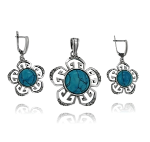 Srebrny Oksydowany Komplet Kwiatek z Turkusami i Cyrkoniami Turkus