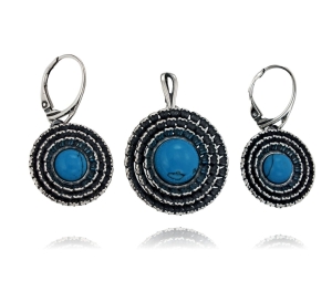 Srebrny Oksydowany Komplet z Turkusami Turkus