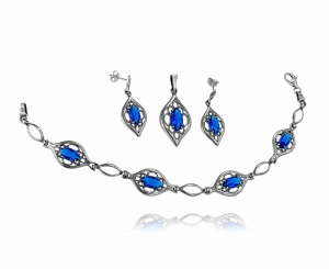 Srebrny Oksydowany Ażurowy Komplet z Niebieską  Cyrkonią