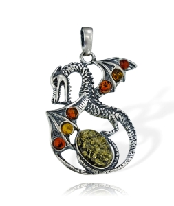 Srebrny Wisiorek Oksydowany Efektowny Smok z Bursztynem