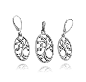 Piękny Srebrny  Oksydowany Komplet Drzewa