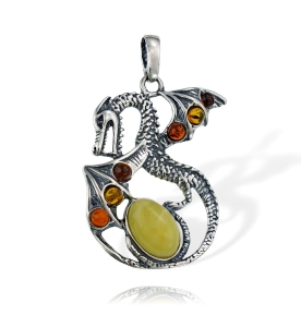 Srebrny Wisiorek Oksydowany Efektowny Smok z Bursztynem