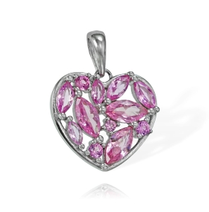 Srebrny Rodowany Wisiorek Serce z Różowymi Cyrkoniami