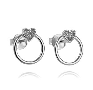 Srebrne Rodowane Kolczyki Serce w Kółeczku z Cyrkoniami