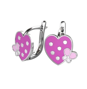 Srebrne Rodowane Kolczyki Serce z Motylkiem na Angliku !