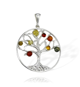 Srebrny Efektowny Wisiorek Drzewko z Bursztynem Bursztynami