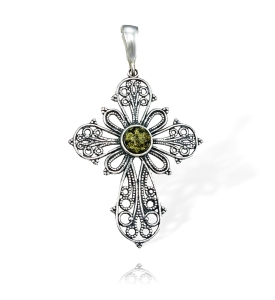 Srebrny Oksydowany Ażurowy Krzyż Krzyżyk z Bursztynem 