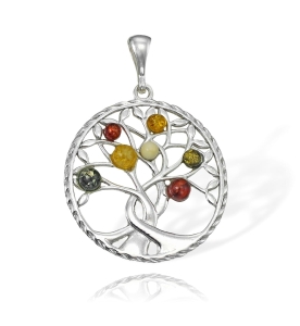 Srebrny Efektowny Wisiorek Drzewko z Bursztynem Bursztynami