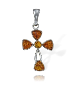 Srebrny Krzyż Krzyżyk z Bursztynem - Próba 925