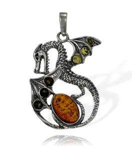 Srebrny Wisiorek Oksydowany Efektowny Smok z Bursztynem